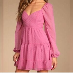 Lulus Longing And Love Pink Swiss Dot Puffed Long Sleeve Mini Dress Medium